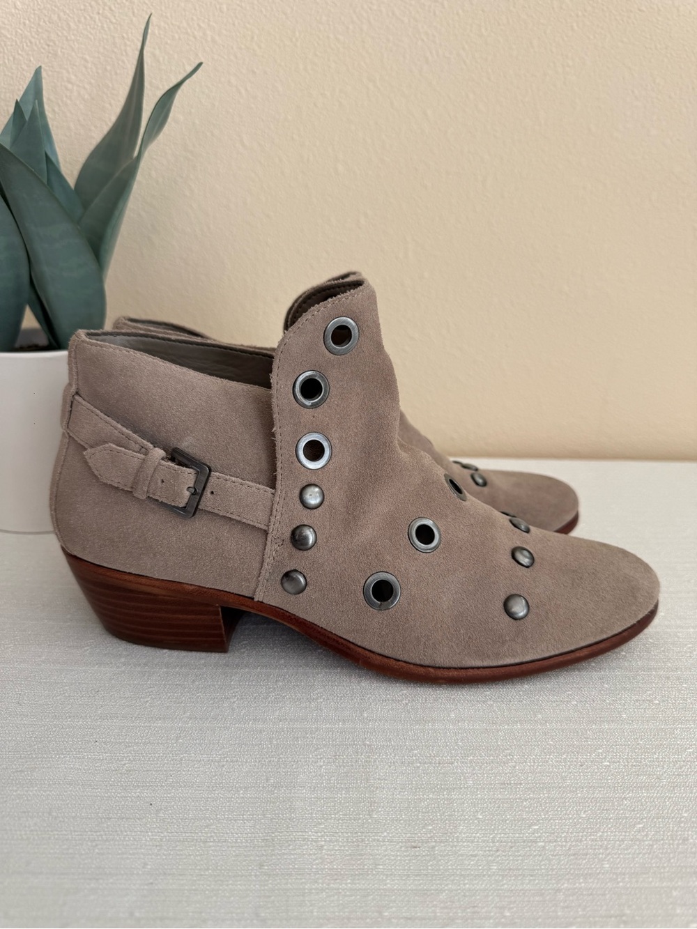 Sam Edelman Suede Ankle Booties with Studd Grommet Detail in Taupe - Picture 1 of 14